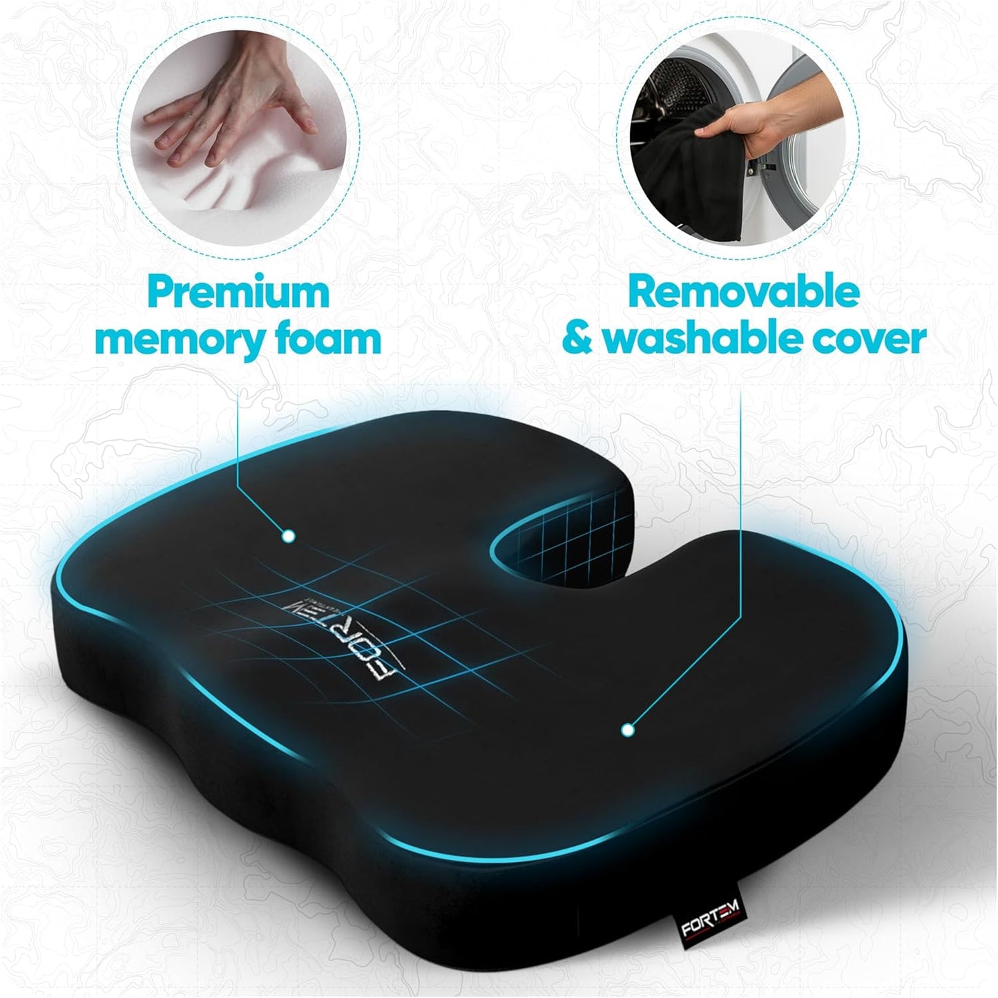 FORTEM Seat Cushion, Office Chair Cushion, Memory Foam Car Seat Cushions, Sciatica Coccyx Tailbone Pain Relief, Chair Cushions for Back Support, Sitting Pad for Gaming, Washable Cover, Non Slip