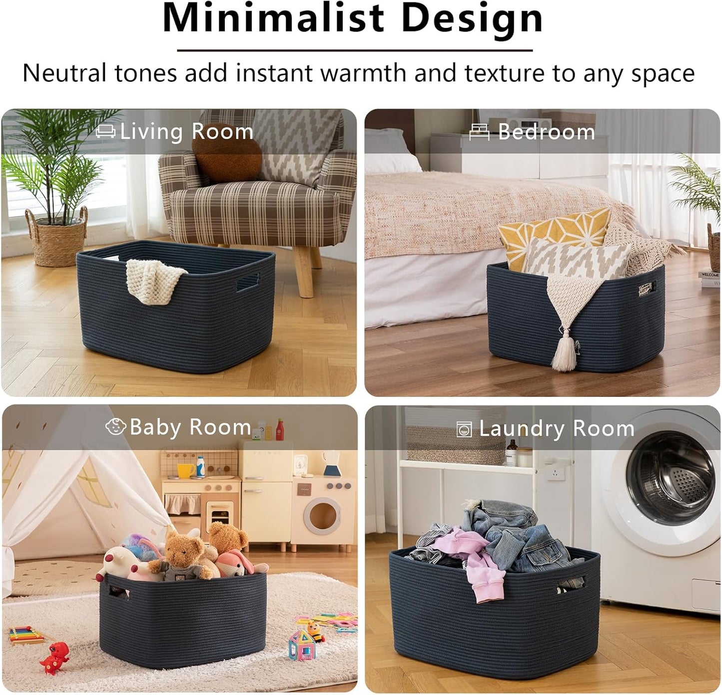 OIAHOMY 75L Large Woven Cotton Rope Storage Basket with Handle for Organizing Blanket and Toys for Living Room, Nursery, Brown Variegated 22”x17”x12”