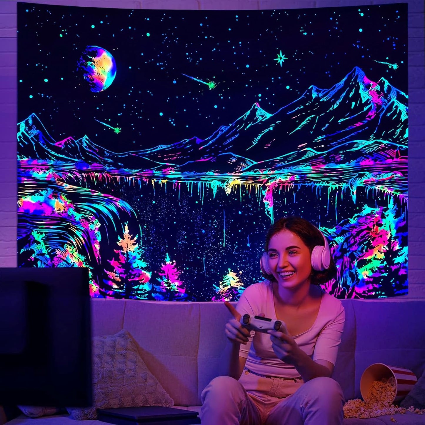 Zussun Black and White Tapestry Starry Night Mountain Tapestries for Bedroom Aesthetic Moon and Stars Tapastry's Wall Hanging Dark Nature Forest Wall Tapestry for Living Room Dorm (48'' × 36'')