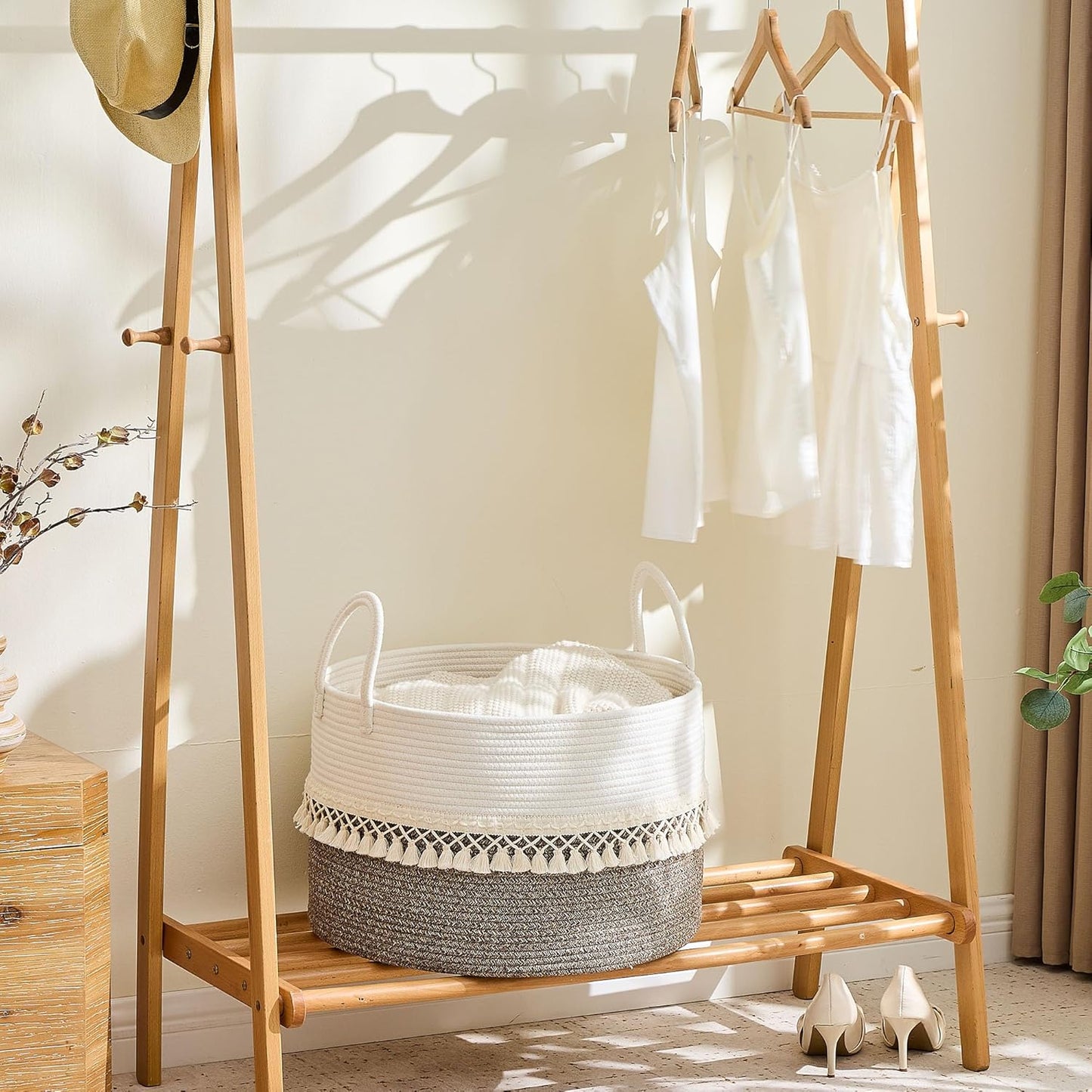 KAKAMAY Large Blanket Basket (20"x13"),Woven Baskets for storage Baby Laundry Hamper, Cotton Rope Blanket Basket for Living Room, Laundry, Nursery, Pillows, Baby Toy chest (White/Brown)