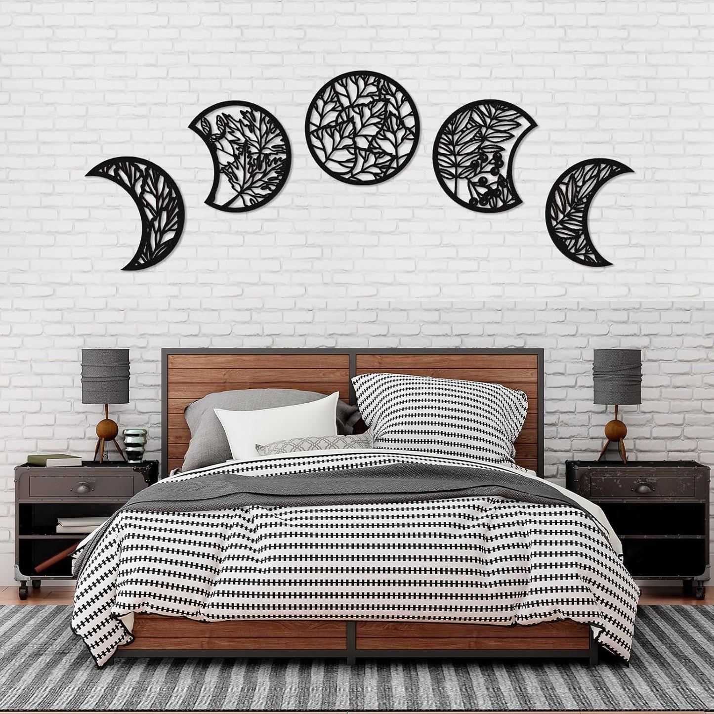 Jetec 5 Pcs Moon Phase Wall Art Decor Wall Pediments Hanging Wooden Phase Spiritual Bedroom Nordic Boho Lunar Aesthetic Art for Living Room Dorm Apartment Ornament(Brown,10.6 Inch,Botanical)