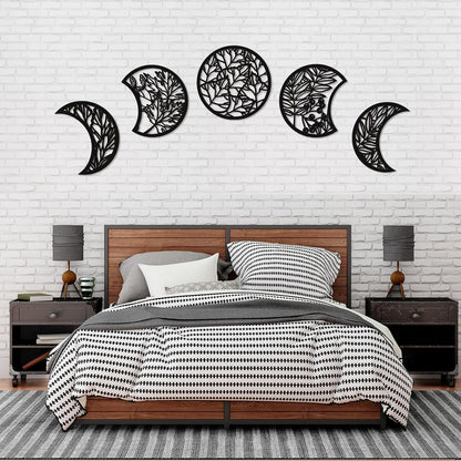 Jetec 5 Pcs Moon Phase Wall Art Decor Wall Pediments Hanging Wooden Phase Spiritual Bedroom Nordic Boho Lunar Aesthetic Art for Living Room Dorm Apartment Ornament(Brown,10.6 Inch,Botanical)