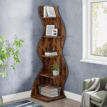 Tribesigns Corner Shelf, Modern 5-Tier Wall Corner Bookshelf, Stylish Corner Small Bookcase Storage Rack Plant Stand with Unique Shape for Living Room, Home Office (White, 1PC)