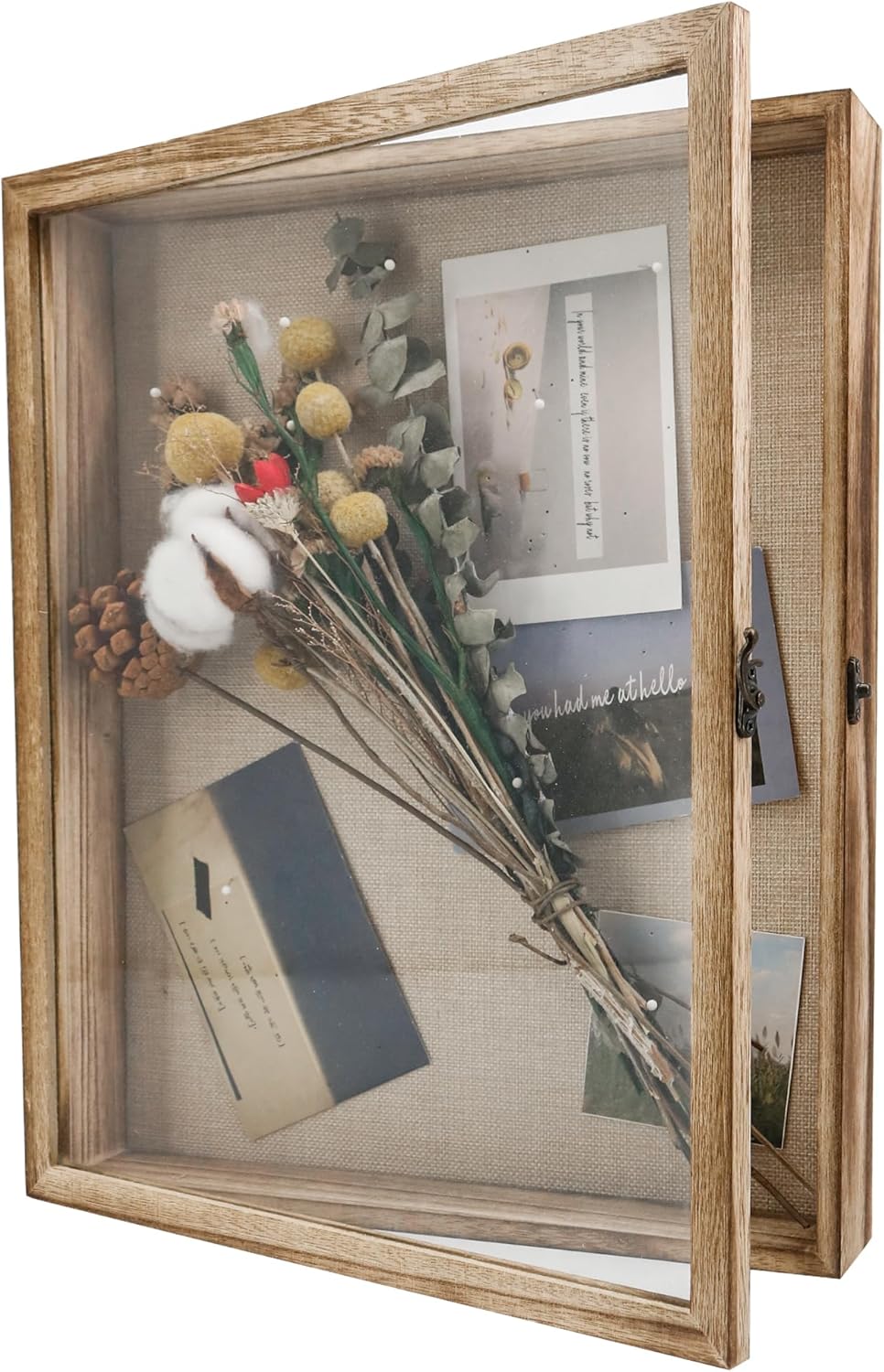 GraduationMall 13x16 Wood Shadow Box Frame Glass Door Display Case with Linen Back and 6 Stick Pins,1.5 inches Interior Depth,Ideal for Memorabilia Pictures Flowers Medals Tickets Rustic White