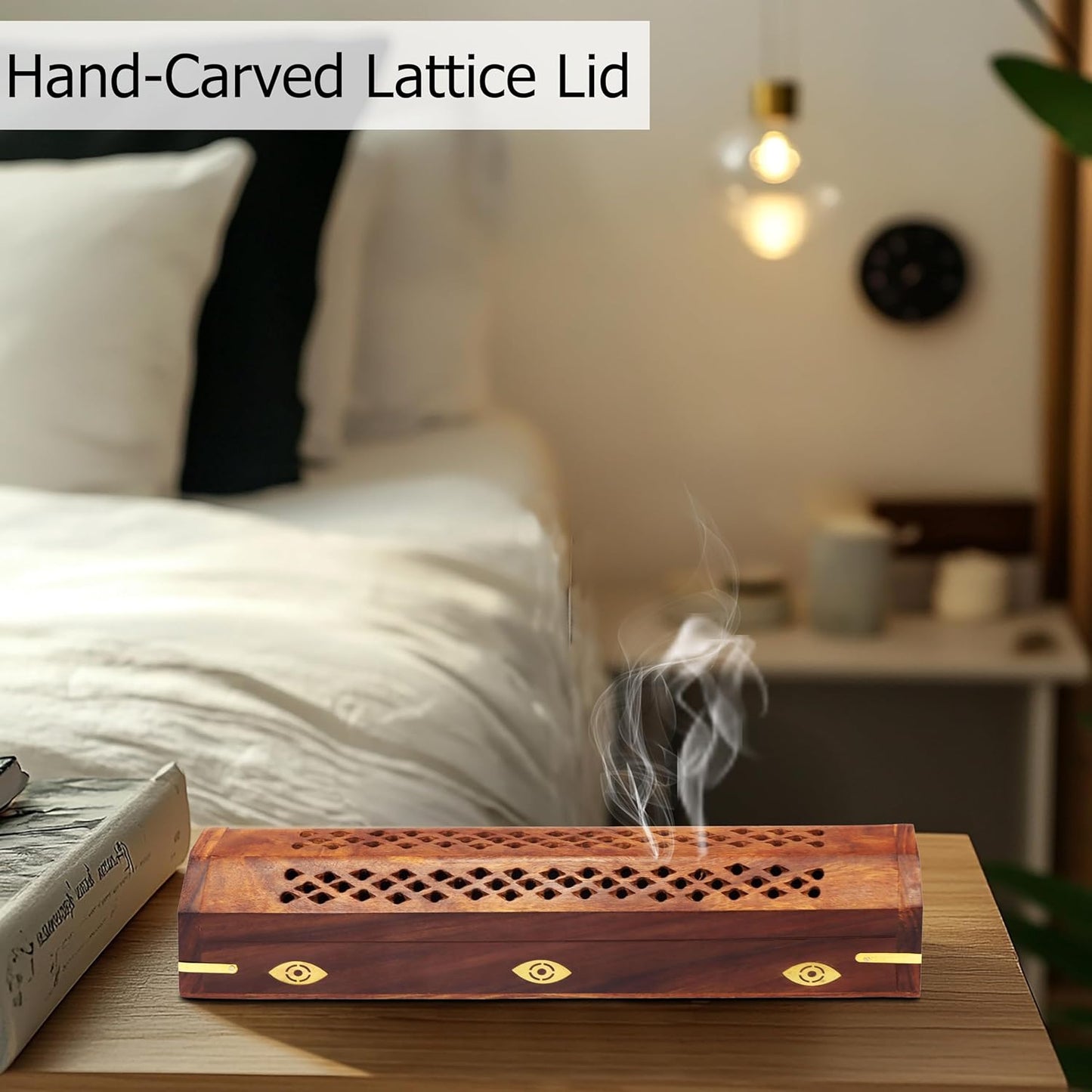 Sheesham Wood Incense Burner - Handmade Coffin Style Sun and Moon Inlay Incense Holder - Aromatherapy Room Freshener Cone Incense Stick Burner Ash Catcher - Zen Home Gift - 12x2x2 - COTTON CRAFT