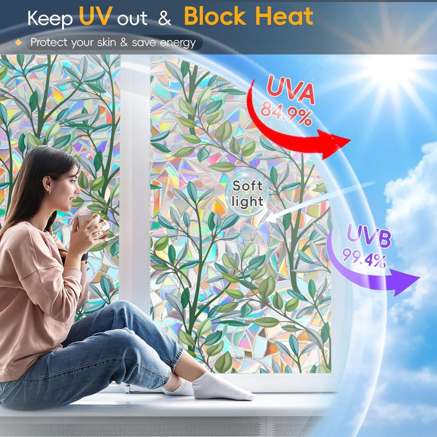 Dwersty Rainbow Window Privacy Film with Cutting Reference Line, 3D Decals Stained Glass Clings, Static Cling Sticker, Suncatcher Windows Cover Tint for Home, 17.5 Inch x 78.74 Inch