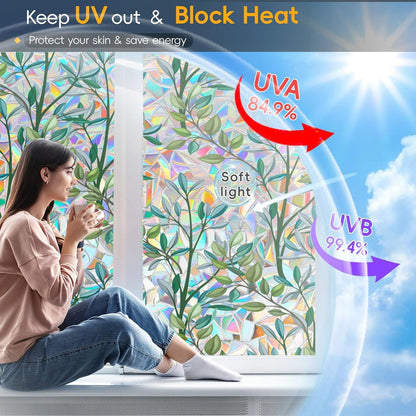 Dwersty Rainbow Window Privacy Film with Cutting Reference Line, 3D Decals Stained Glass Clings, Static Cling Sticker, Suncatcher Windows Cover Tint for Home, 17.5 Inch x 78.74 Inch