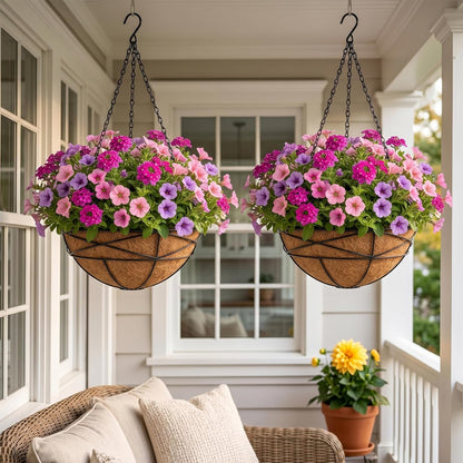 4 Pack 12 Inch Hanging Planters for Outdoor Plants Metal Watering Flower Baskets with Coco Liner for Outside Panting Plant Holder Pot for Home Garden Porch Balcony Railings Decor