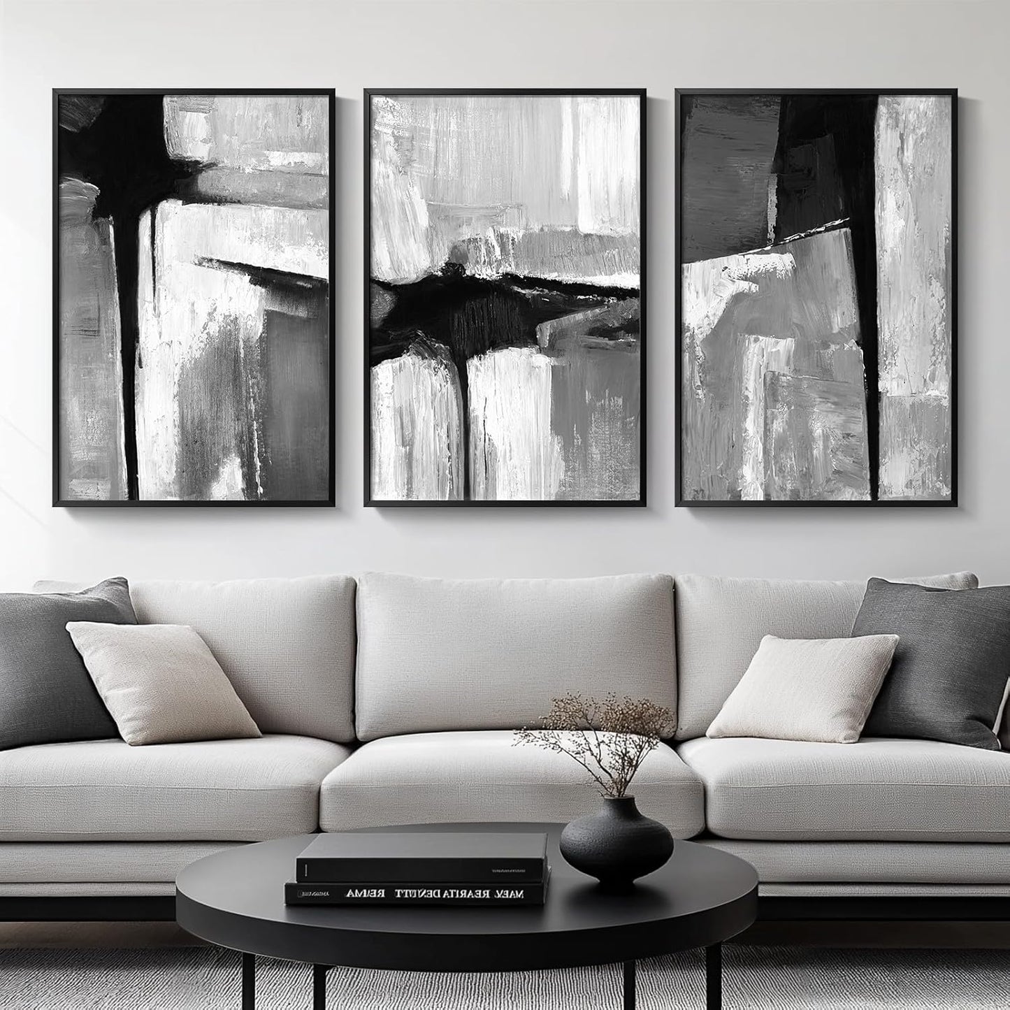 Large Framed Black and White Abstract Wall Art for Living Room, 3 Piece Big Modern Canvas Prints Paintings Artwork for Walls, Minimalist Abstract Art Pictures for Hallway, Office Wall Decor 24x36 In