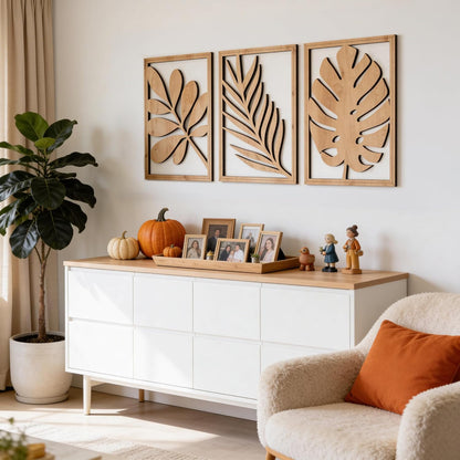 qmmp Modern Wooden Wall Sculptures - Set of 3 - Home Decor Accent - Large Wall Art for Living Room, Bedroom, Office - Easy Installation (Oak, Medium - Mountain and Sun)