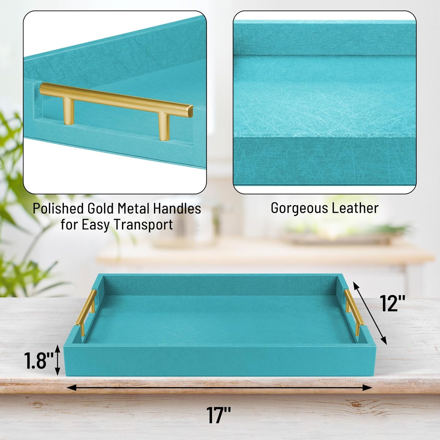 ATZYmolin 17" x 12" Wood Serving Tray with Gold Polished Metal Handles, Home Decorative Wooden Rectangle Ottoman Leather Decor Platter Bathroom Vanity Tray for All Occasions White