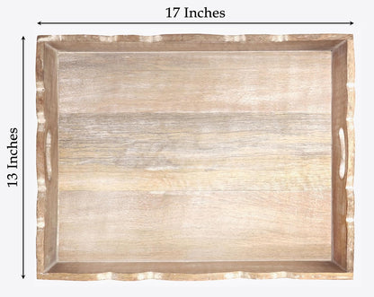 Hand Carved Wooden Serving Tray - Decorative Breakfast Tray with Handles - Rustic Wooden Food Tray with Intricate Detail - Unique Furnishing Accent - Natural Finish - 17 x 13 x 2.5 Inch - COTTON CRAFT