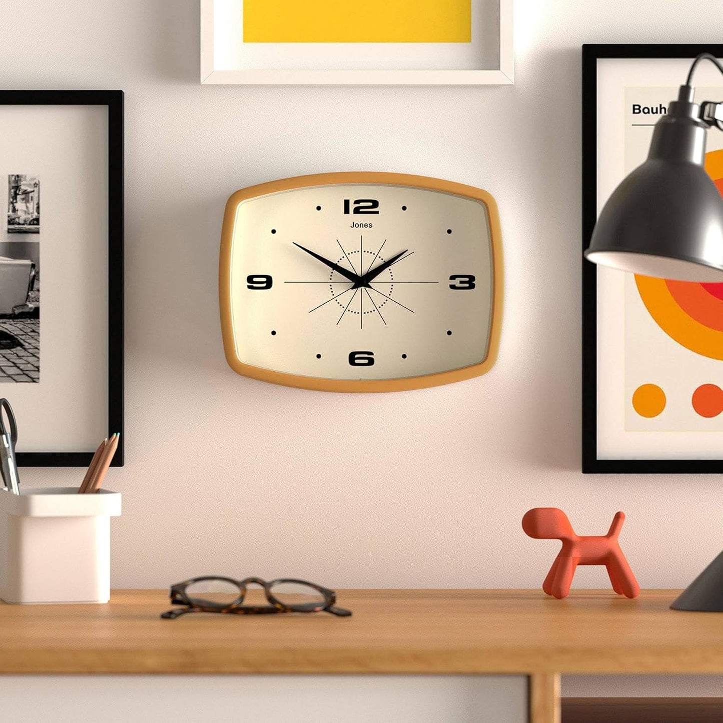 JONES CLOCKS® Movie wall Clock | Retro Rectangular Clock | 10 inch | Orange | Cool mid-Century Designer Look for Kitchen, Living Room or Office