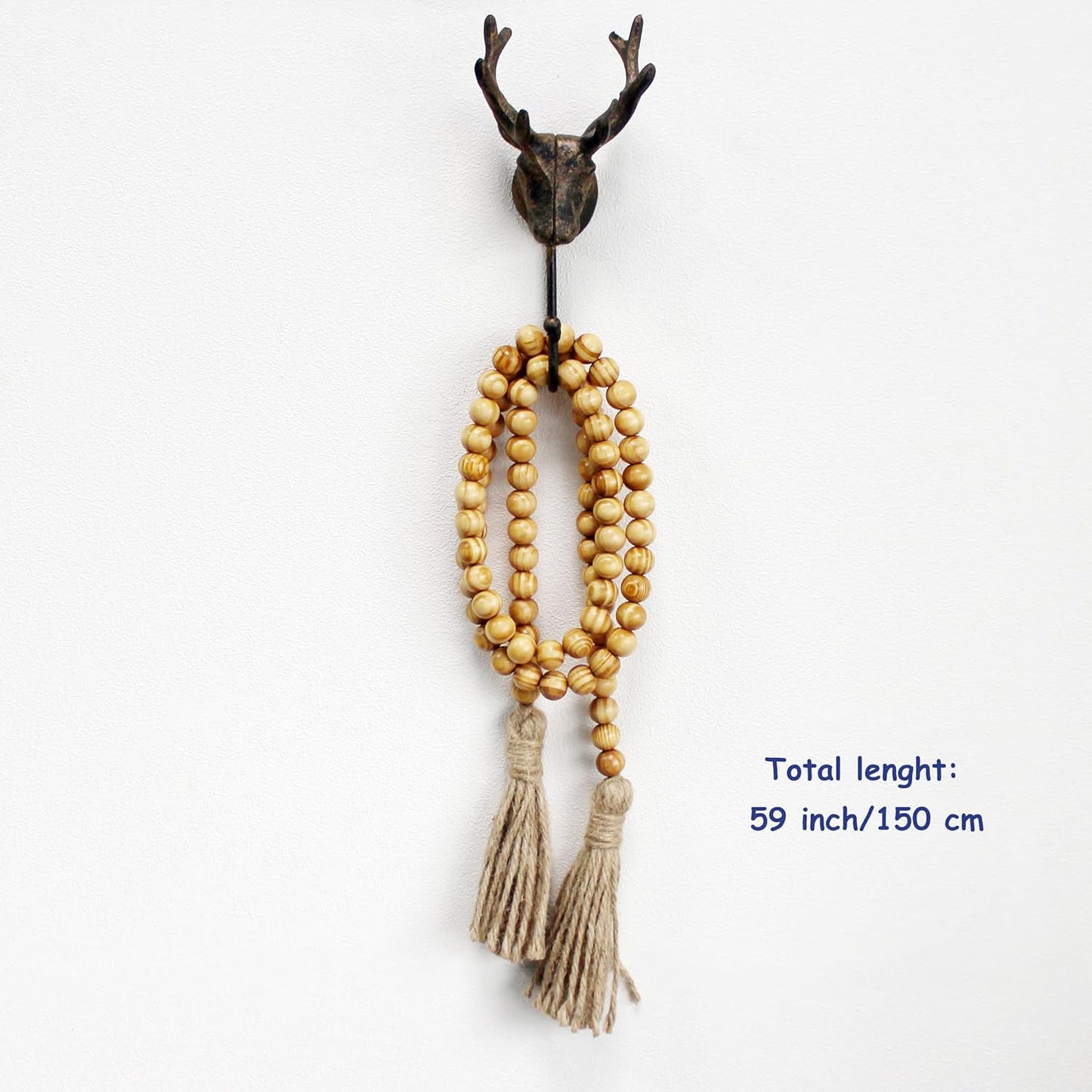 CVHOMEDECO. Wood Beads Garland with Tassels Farmhouse Rustic Wooden Prayer Bead String Wall Hanging Accent for Home Festival Decor. Mix Distressed