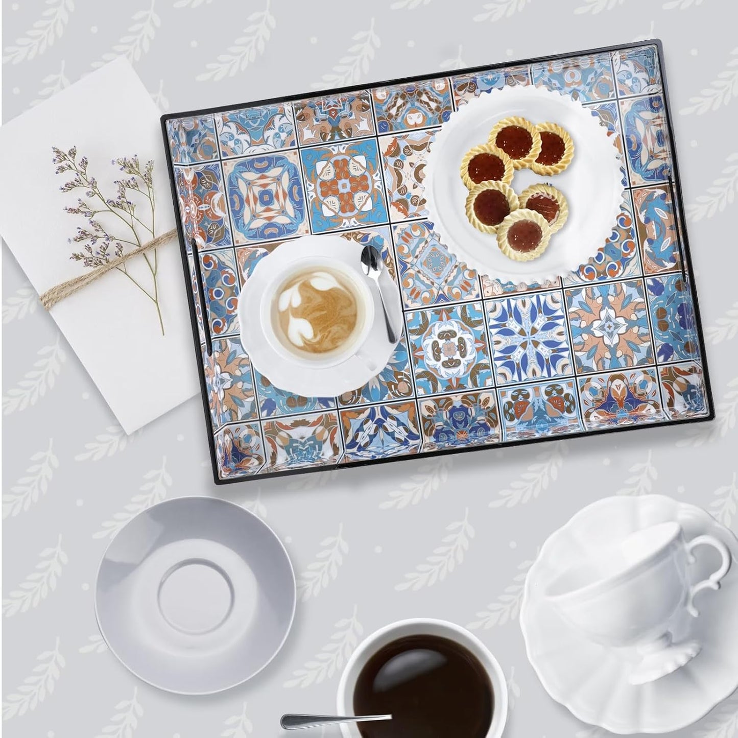 Spsyrine Serving Tray with Handles, Plastic Decorative Tray for Coffee Table, Living Room, Home Decor, Dianthus
