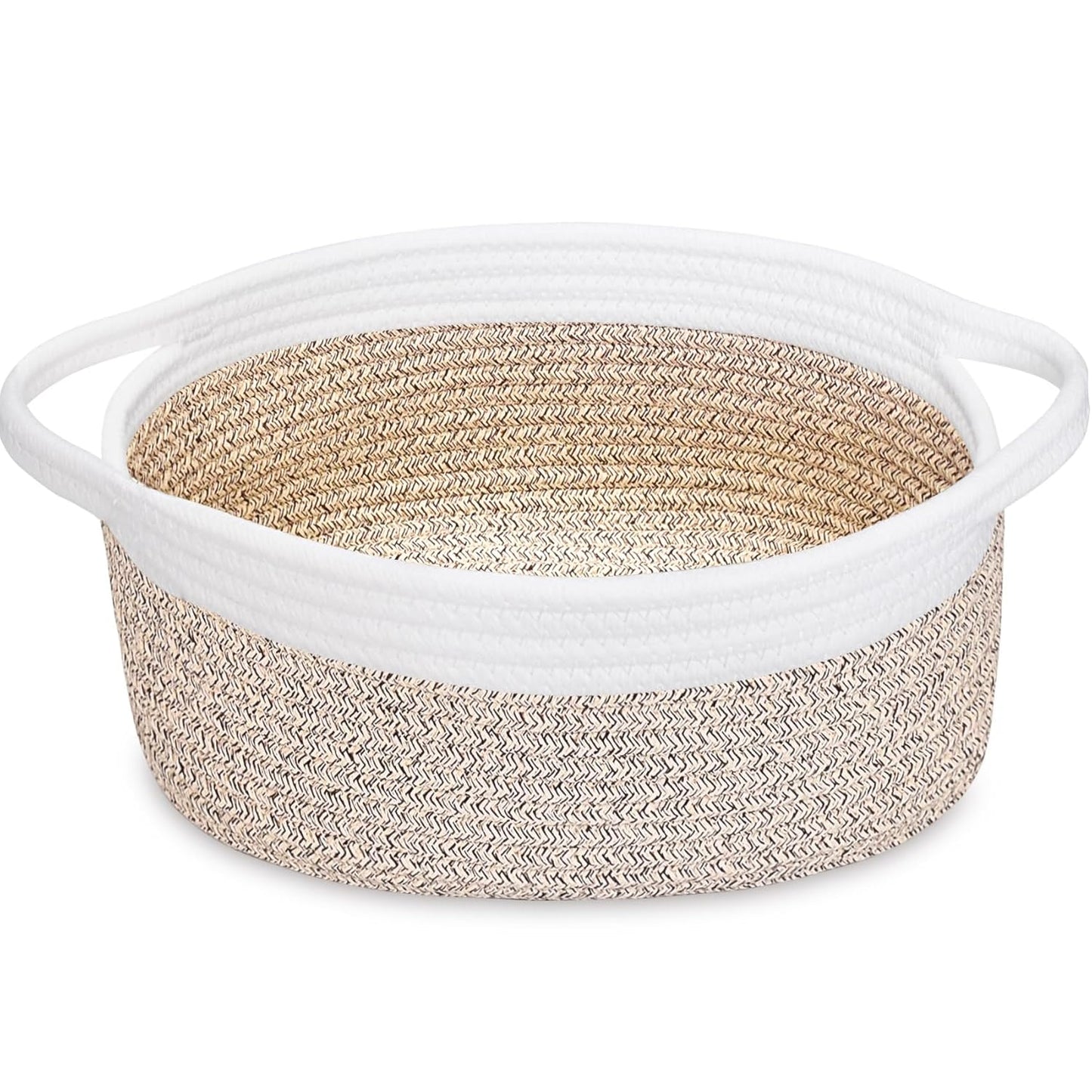 ABenkle Small Basket with Handles, Boho Decorative Rope Woven Dog Cat Toy Storage Bin Shelf Storage Organizer, Easter Christmas Gift Basket, 12"x8"x5", White