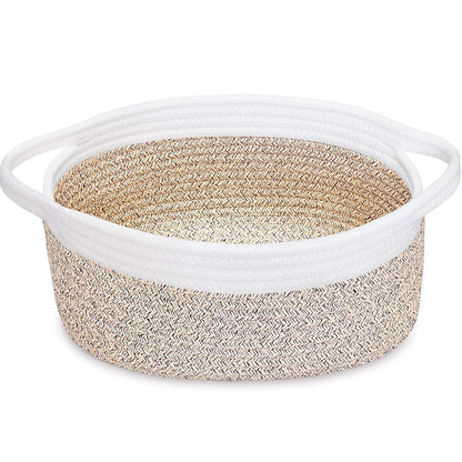ABenkle Small Basket with Handles, Boho Decorative Rope Woven Dog Cat Toy Storage Bin Shelf Storage Organizer, Easter Christmas Gift Basket, 12"x8"x5", White