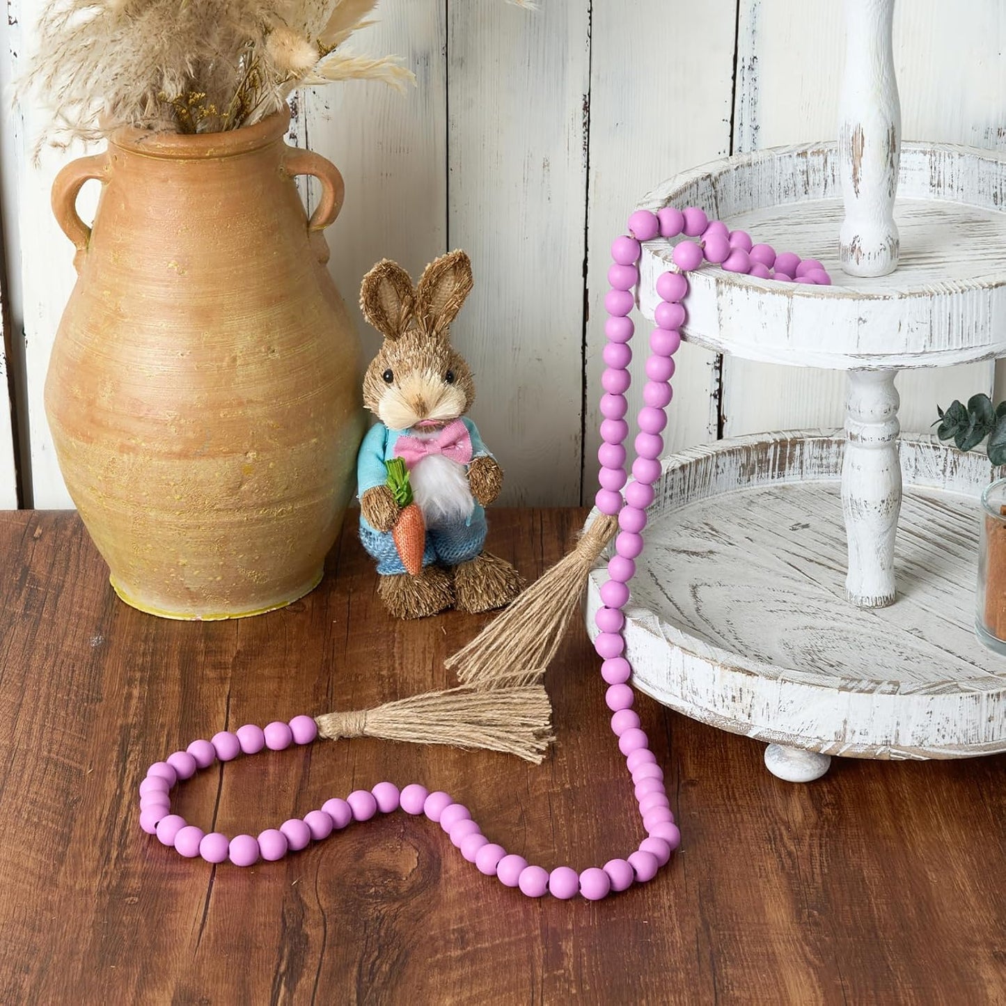 OMISHE 59in Wood Bead Garland with Tassels, Decorative Beads, Farmhouse Wooden Beads Garland for Wall Hanging Home Festival Decor, Aqua, Teal