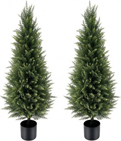 3FT Artificial Cedar Trees 2 Pack, UV Protected Fake Outdoor Evergreen Topiary Potted Plants, Lifelike Artificial Cypress Shrubs for Porch Patio Garden Home Office Decor