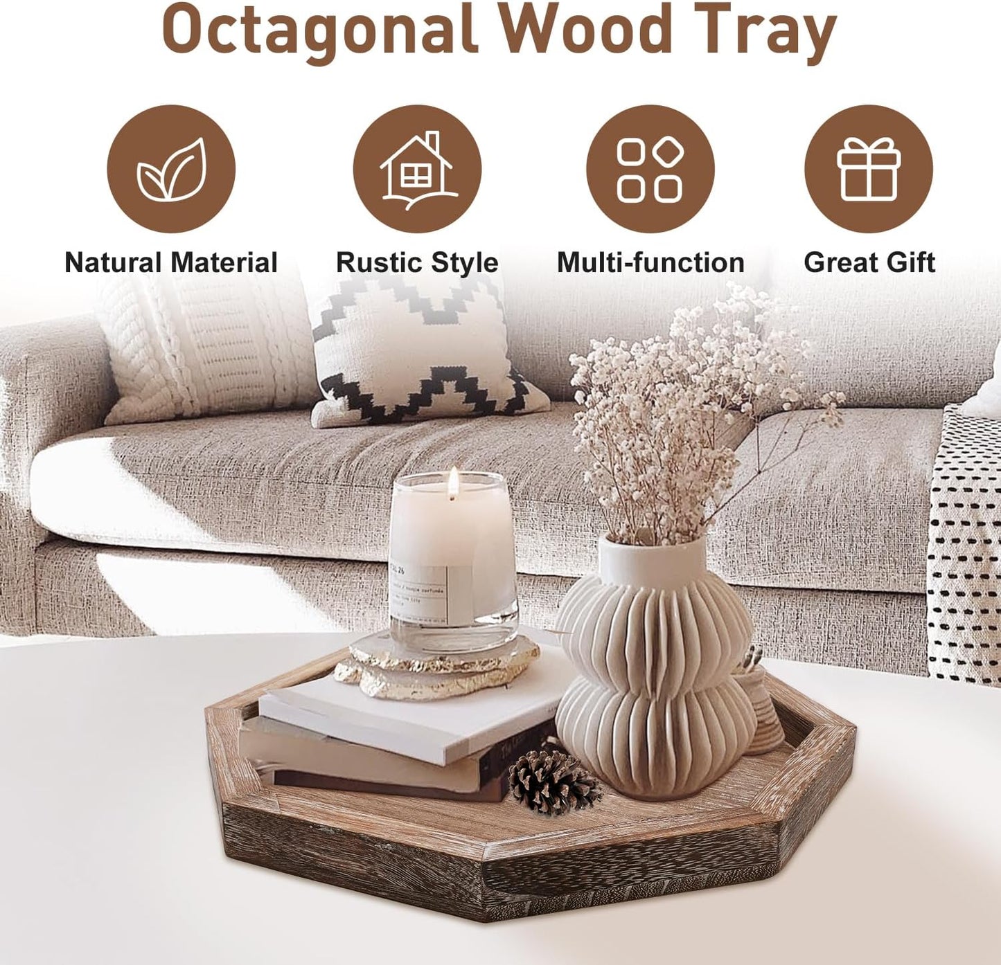 Round Decorative Tray for Coffee Dining Table Countertop Small Wooden Serving Trays Farmhouse Kitchen Home Living Room Decor and Bathroom Accessories Tray Black Rustic Wood Candle Centerpiece Trays