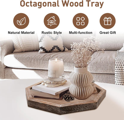 Round Decorative Tray for Coffee Dining Table Countertop Small Wooden Serving Trays Farmhouse Kitchen Home Living Room Decor and Bathroom Accessories Tray Black Rustic Wood Candle Centerpiece Trays