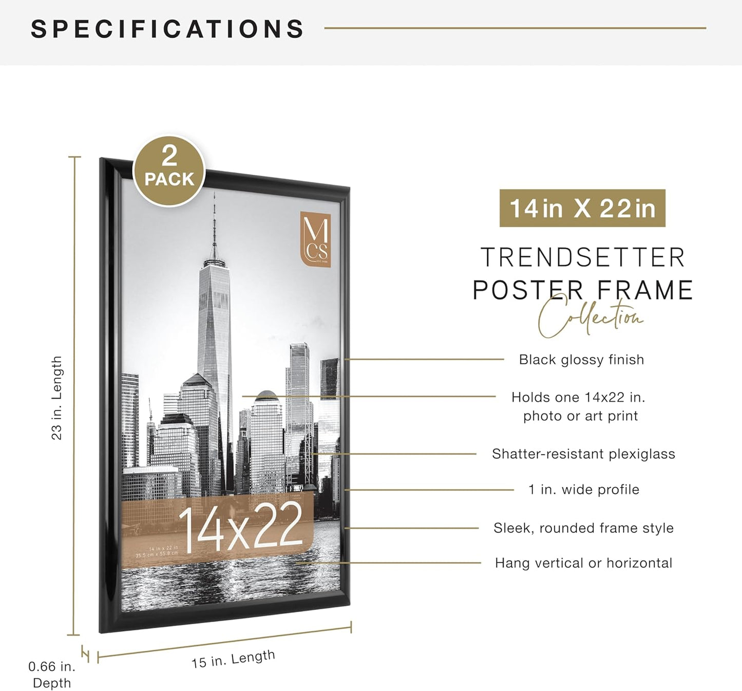 MCS Trendsetter 24x36 Poster Frame Black High-Gloss, Vertical & Horizontal Wall Hanging Large Picture Frame for Photos, Posters & Art Prints (1-Pack)