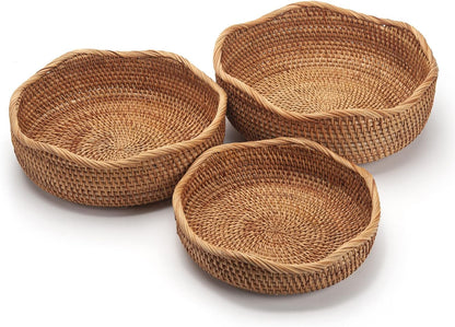 Round Rattan Fruit Baskets Woven Storage Bowls Key Holder Stackable for Shelf Kitchen Tabletop Natural Set of 3