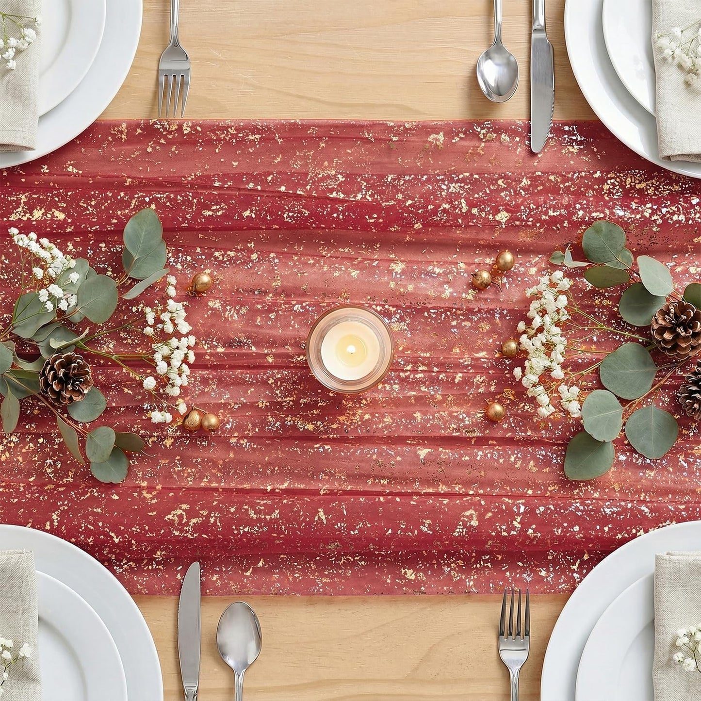 Artoid Mode Beige Gold Gauze Table Runner 120 Inch 10FT, Glitter Metallic Foil Sheer Dining Wedding Anniversary Holiday Birthday Table Decor for Home Party