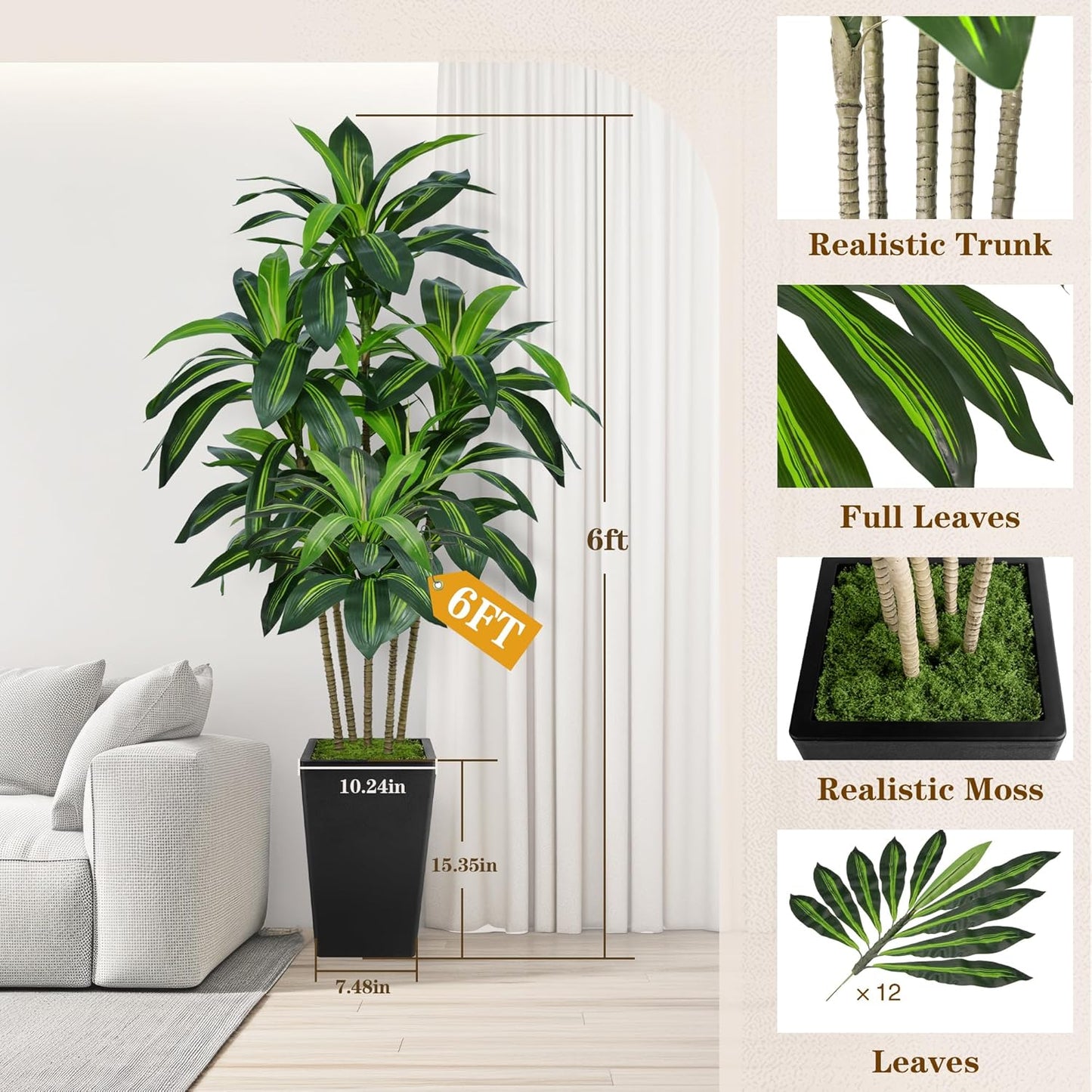 6FT Artificial Dracaena Tree, Fake Tree Indoor with White Tall Planter,Tall Artificial Plants Indoor,Artificial Silk Tree for Home Office Decor (White)