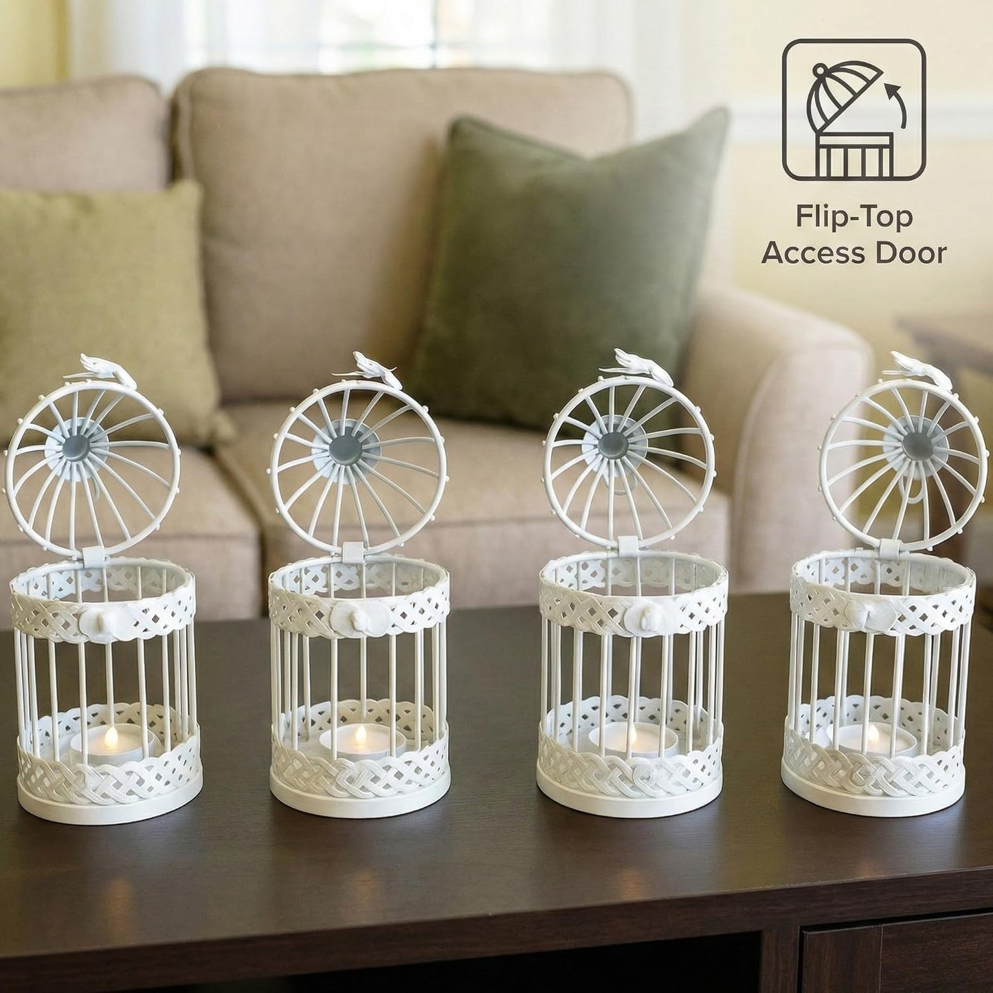 Vela Lanterns Bird Cage Decor Candle Holder Lantern Decorative Wedding Table Centerpiece Decorations, White, Small, Set of 4