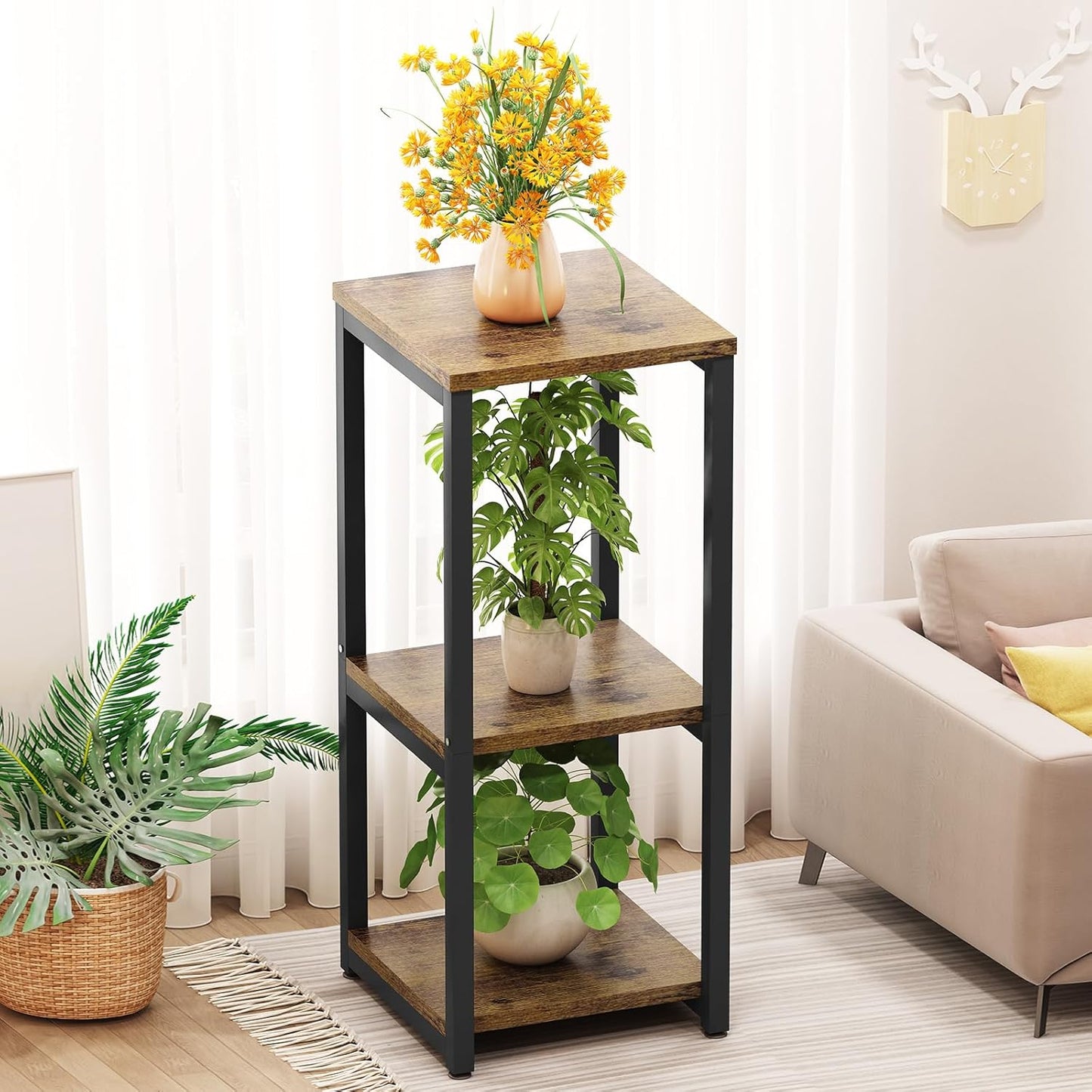Plant Stand Indoor Corner Tall 2 Tier Metal Modern Flower Storage Plant Shelf Holder for Living Room Balcony Garden,Black (2 Tier-Black Round)