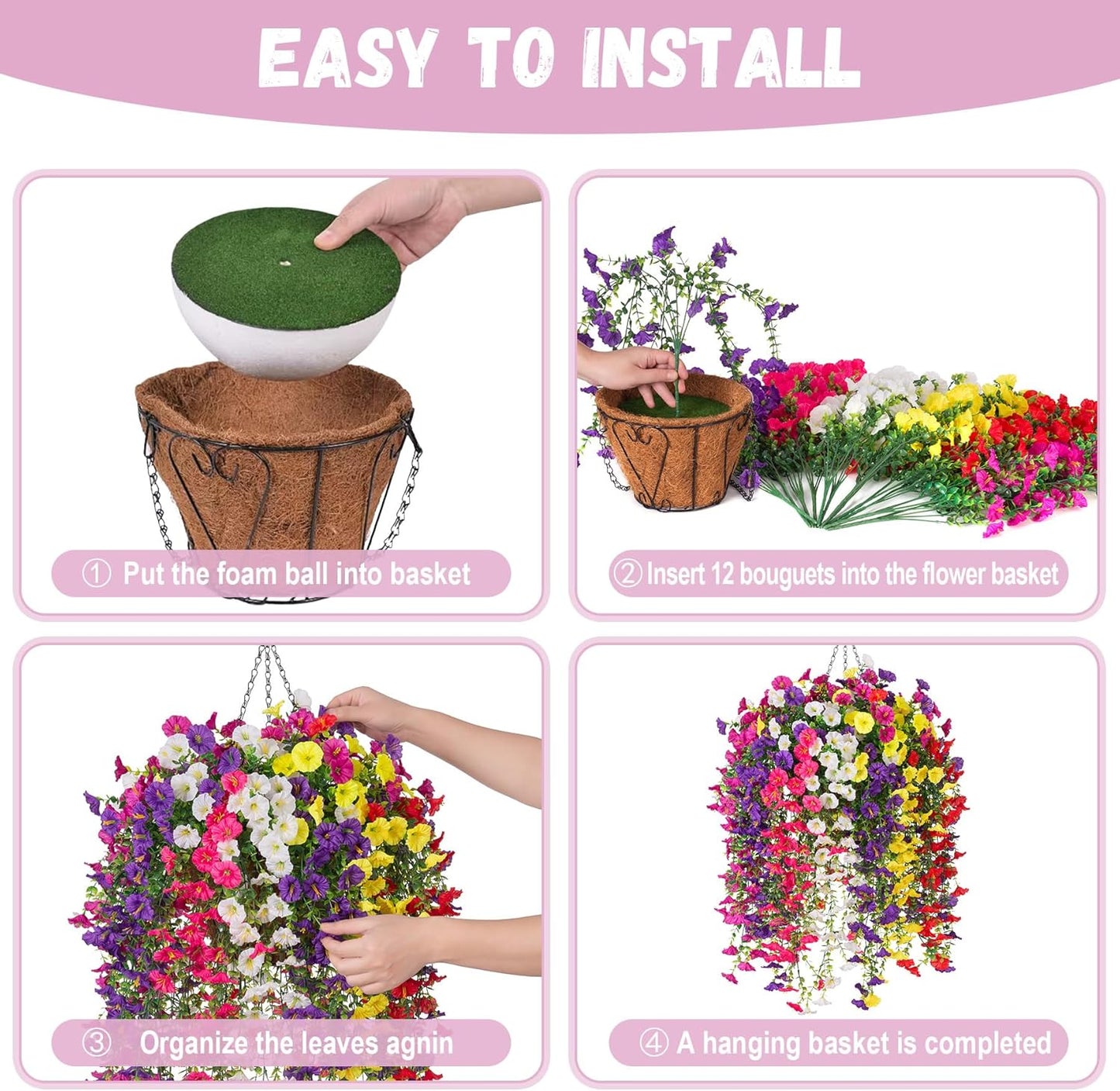 INXUGAO Artificial Flowers with Hanging Basket, Outdoor Faux Plants Silk Morning Glory Vines, Fake Green Arrangement for Garden Patio Spring Summer Decor(4pcs,Darkorchid)