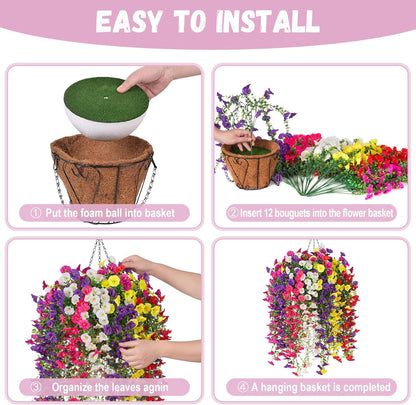INXUGAO Artificial Flowers with Hanging Basket, Outdoor Faux Plants Silk Morning Glory Vines, Fake Green Arrangement for Garden Patio Spring Summer Decor(4pcs,Darkorchid)