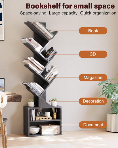 SUNMORY 6 Tier Tree Bookshelf, Small Bookcase with Storage Cabinet, Modern Tall Narrow Bookshelves Organizer, Floor Standing Book Shelf for Bedroom/Living Room/Home Office/Corner, Rustic Brown