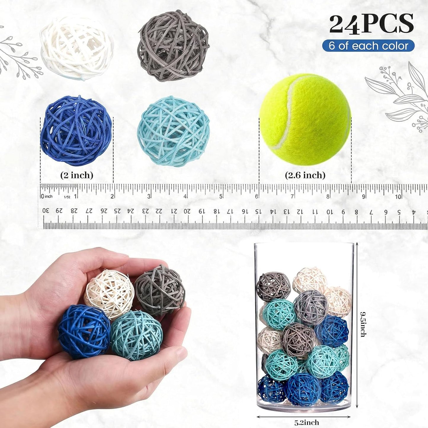 DomeStar 24PCS Brown Decorative Balls for Bowl Centerpiece, 2 Inch Rattan Balls Bowl Fillers Decor - Wicker Twig Orbs Spheres, Wedding Home Vase Table Decor