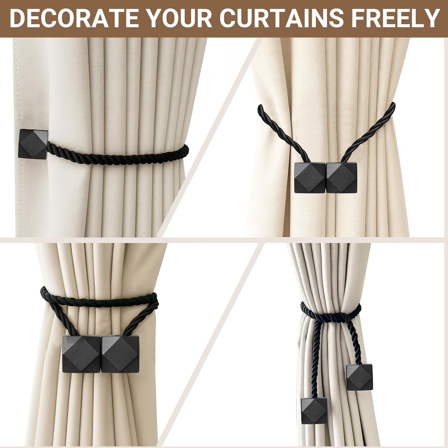 Hion Magnetic Curtain Tiebacks Black 2pcs, Curtain Tiebacks Buckles Holdbacks Holders Hooks Clip for Home Outdoor Bedroom Office Decorative Curtain