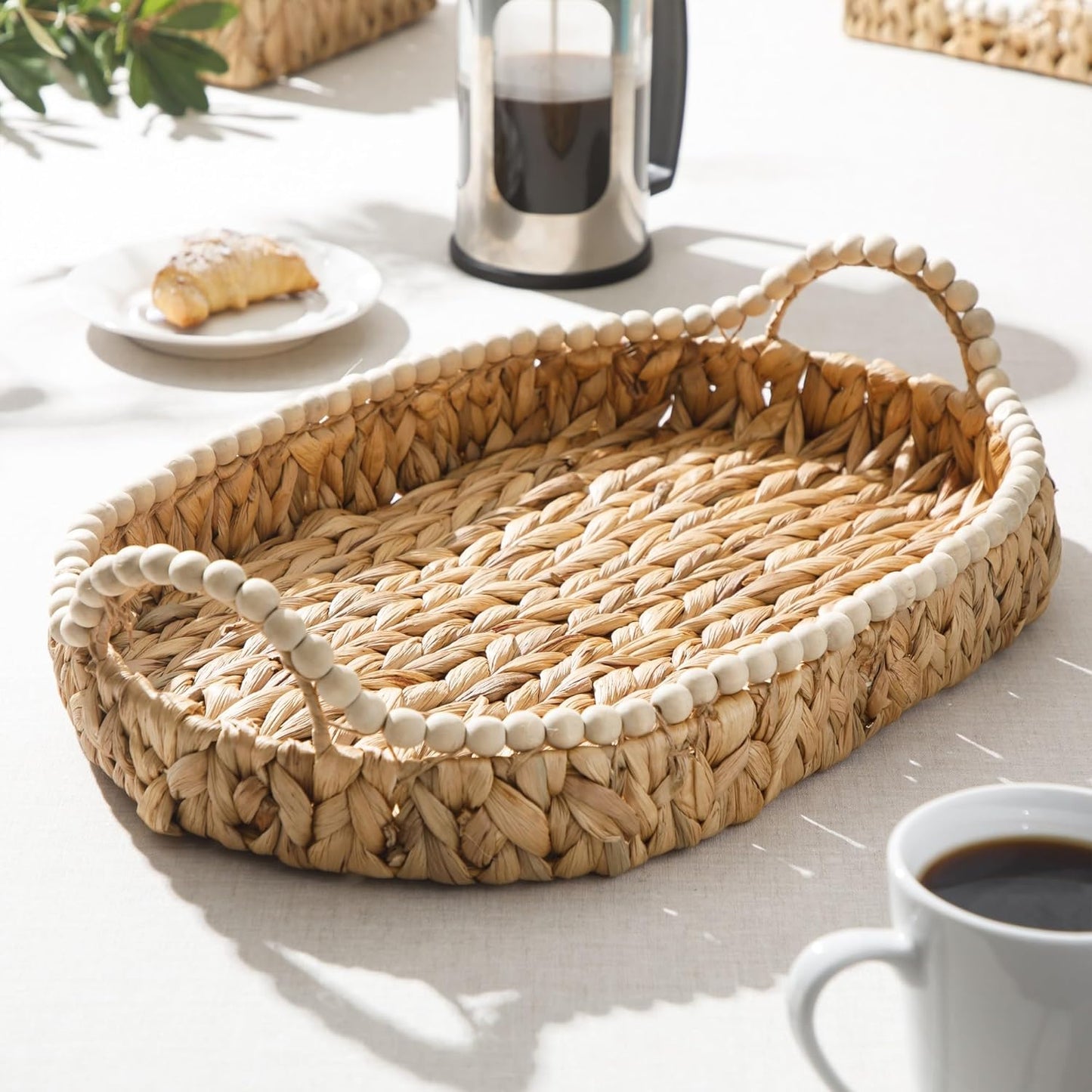 Gibson Home Riverrun Grove 17" Woven Decorative Serving Tray – Large Natural Water Hyacinth Basket w/Wood-Bead Trim & Handles for Coffee Table Décor, Ottomans, Centerpieces & Kitchen Counter Display