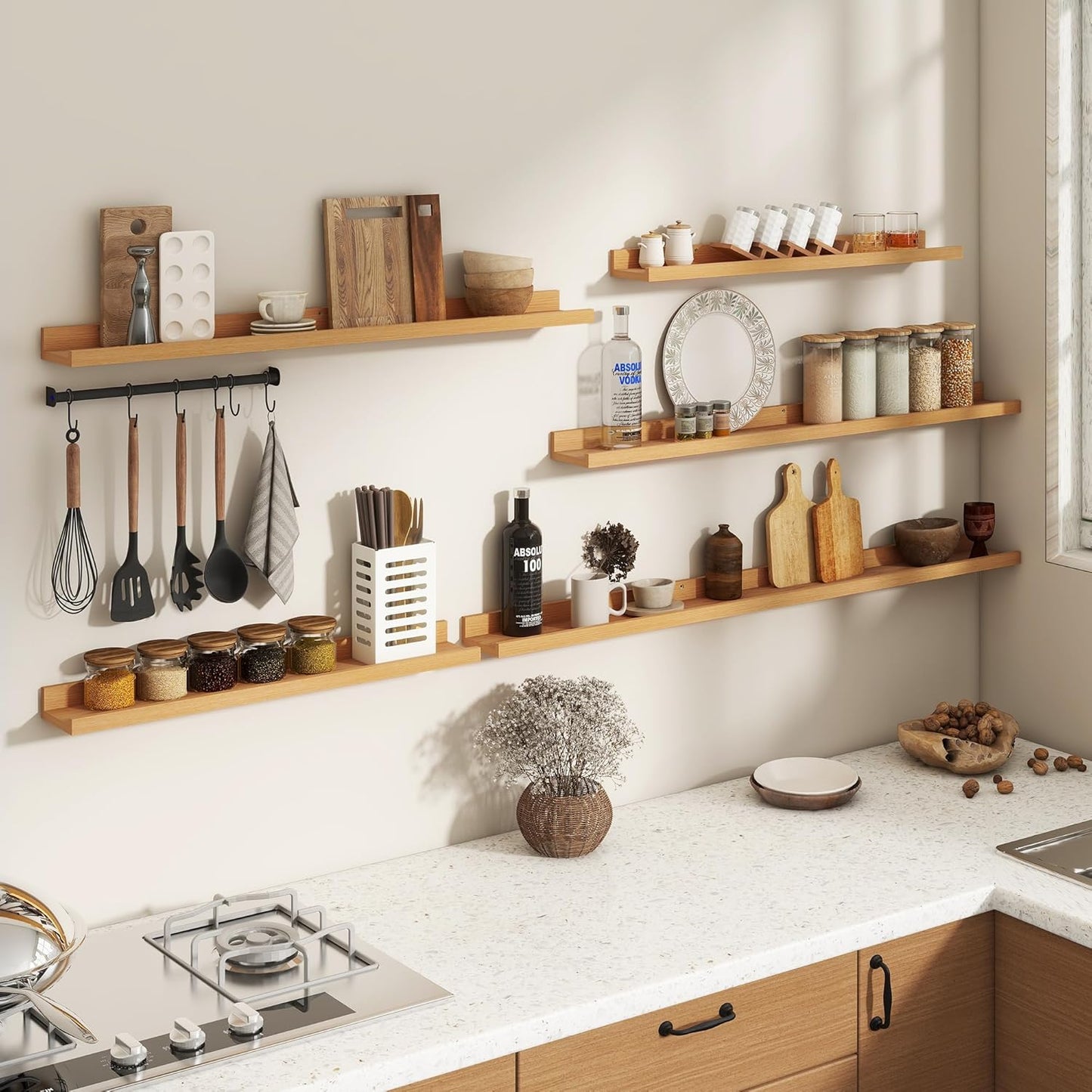 FLYJOE Picture Ledge Shelf, Floating Shelves Set of 2, 48 Inches Long Large Nursery Book Shelves for Toys Storage, Kids Bookshelf Wall Mounted for Living Room Bedroom Decor Books Photo Frames, Walnut