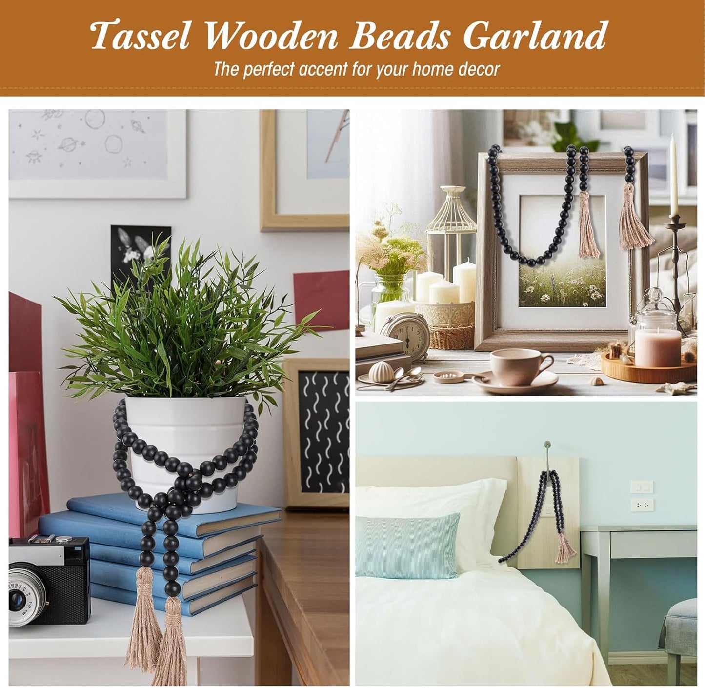 Geetery 2 Pcs 58'' Bead Garland with Tassels, Rustic Country Decor, Boho Wall Hanging for Farmhouse Style, Versatile Prayer Beads for Home, Table, or Wall Decoration (Black)