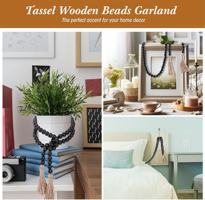 Geetery 2 Pcs 58'' Bead Garland with Tassels, Rustic Country Decor, Boho Wall Hanging for Farmhouse Style, Versatile Prayer Beads for Home, Table, or Wall Decoration (Black)