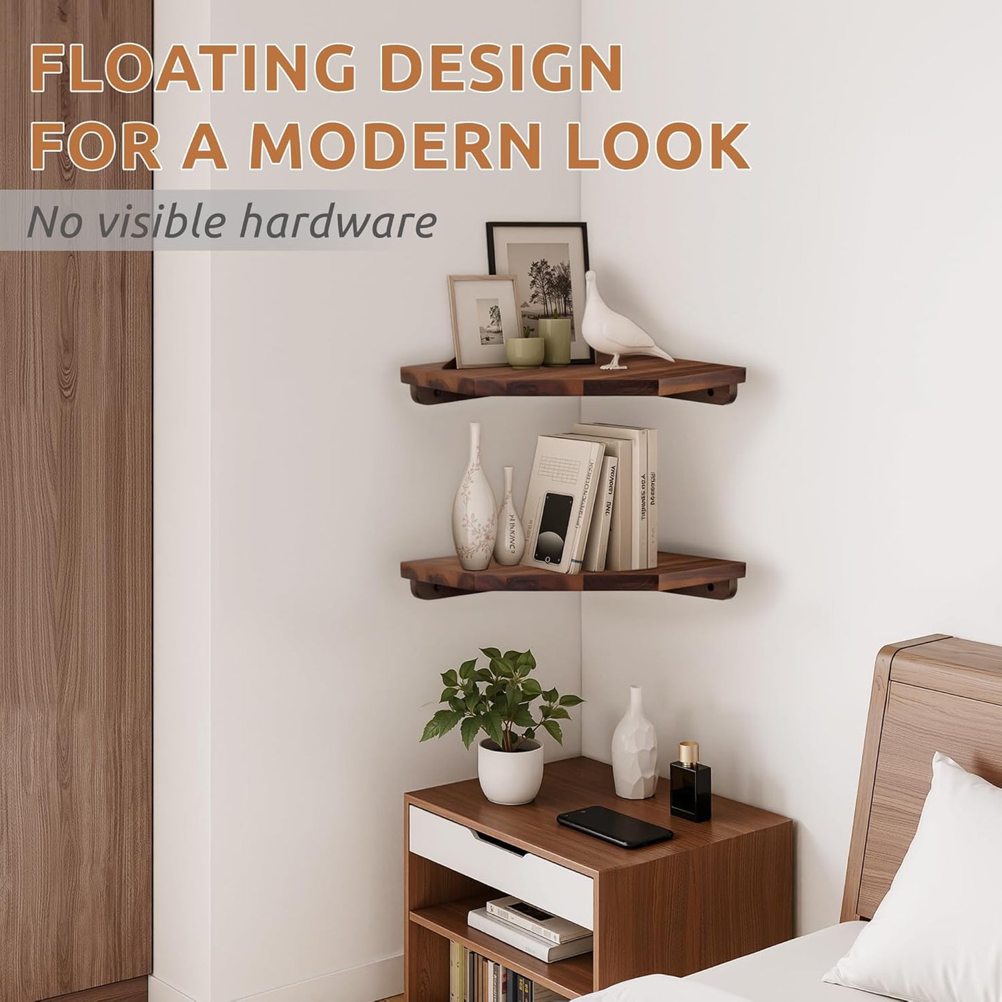 Demigo Corner Shelf Wall Mount, Set of 2 Solid Acacia Wood 11.8 x 16.5 inches Floating Corner Shelves, Smooth - Durable - Attractive Corner Shelves for Bedroom Living Room Bathroom Kitchen