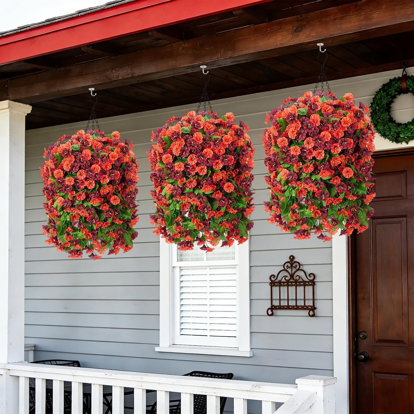INXUGAO Artificial Flowers with Hanging Basket, Outdoor Faux Plants Silk Morning Glory Vines, Fake Green Arrangement for Garden Patio Spring Summer Decor(4pcs,Darkorchid)
