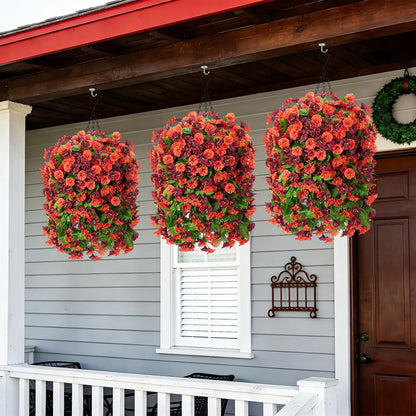 INXUGAO Artificial Flowers with Hanging Basket, Outdoor Faux Plants Silk Morning Glory Vines, Fake Green Arrangement for Garden Patio Spring Summer Decor(4pcs,Darkorchid)