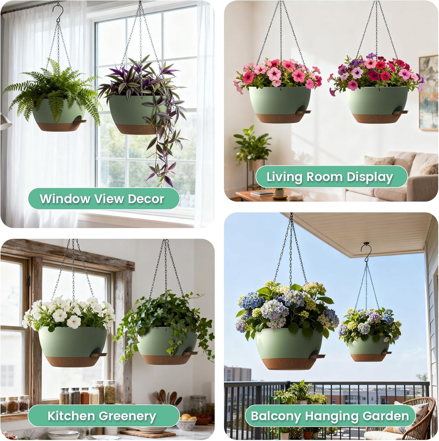 UOUZ 13 Inch 2 Pack Large Self Watering Hanging Planters for Indoor Outdoor Plants, Hanging Plant Pots with Removable 50 Oz Reservoir, Plastic Hanging Basket for Window Porch Garden Balcony, Black