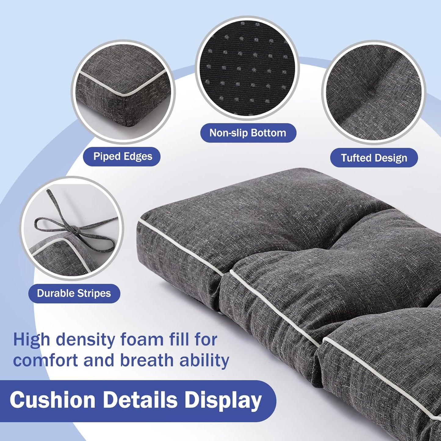 IPYNBAP Bench Cushion, 42 x 16 Inch Patio Furniture Cushions with Durable Ties, Soft Memory Foam Bench Cushions for Indoor/Outdoor Furniture with Non-Slip Bottom, Kitchen&Dining, Dark Grey