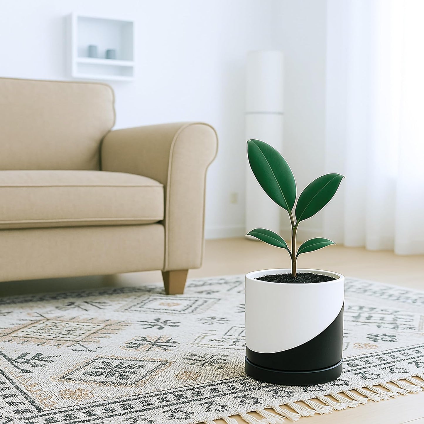 D'vine Dev 6.5 Inch Ceramic Planter Pot with Drainage Hole and Saucer, Indoor Cylinder Round Planter Pot, Olive, 94-O-C-J