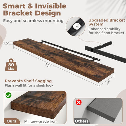 72 Inch Long Floating Shelves for Wall Set of 2, 12"D Wood Grain Bathroom Shelves with Invisible Brackets, Easy Install Engineered Wood Storage Shelves for Kitchen, Living Room, Bedroom, Black Finish