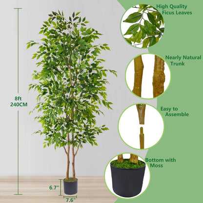 Warmplants Artificial Ficus Tree, 7ft Silk Fake Ficus Leaves Plant with Basket, Indoor Outdoor Faux Green Tree for Home Garden Office House Livingroom Décor