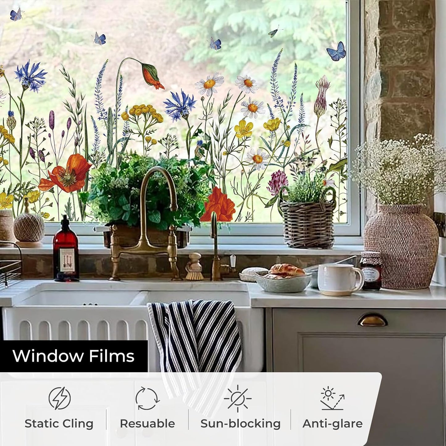 ADD.HERES Window Privacy Film,Colorful Floral Window Stickers,Removable DIY Bouquet Static Clings, Decals for Home School Office Party Supplies, Wildflower Reverie‌, 17.5 x 78.7 in