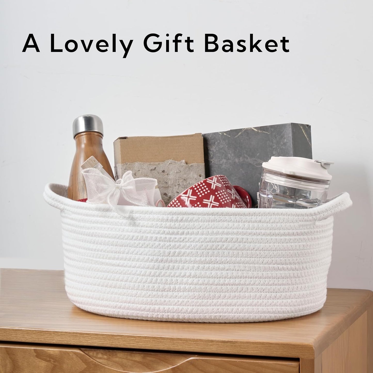 Small Woven Gift Basket Empty with Bag & Ribbon - Gifts for Mom, Baby Shower, Birthdays & Raffle - Cotton Rope Storage Basket for Dog Toys or Shelf - 12"x8"x5", White